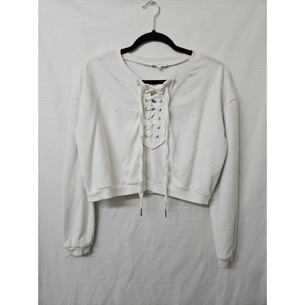Dance & Marvel Sz Small White Cropped Sweatshirt Lace Up Distressed Athileisure